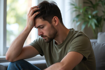 A man sits near a window, holding his head with a distressed expression, wearing a green shirt.