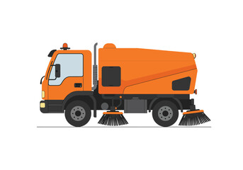 Orange street sweeper truck with rotating brushes