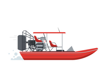 Red airboat skimming across water powered by a propeller