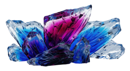 Cluster of jagged, translucent crystals, blue, pink, and clear shards