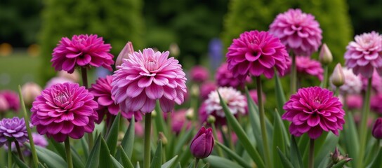 Obraz premium Purple-themed flower bed featuring diverse perennials in a garden or park setting