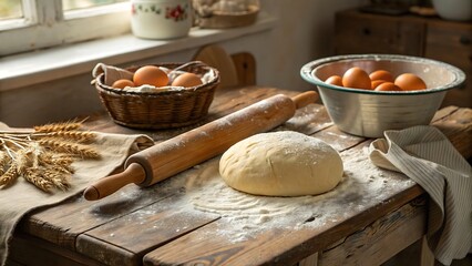 Fototapeta premium Rustic Kitchen with Dough and Ingredients – Homemade Bread Preparation Scene