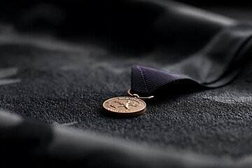 military decor items, purple heart medal and camouflage pattern in a minimalist flatlay