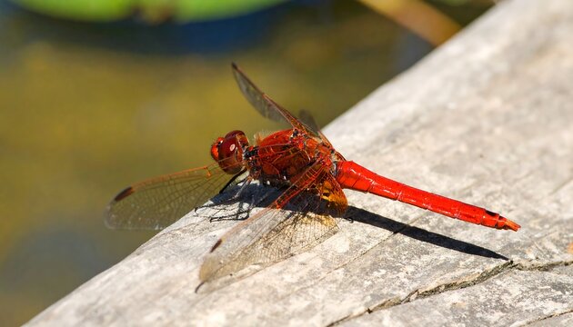 Close-up of a vibrant red dragonfly perched on weathered wood near water - Powered by Adobe