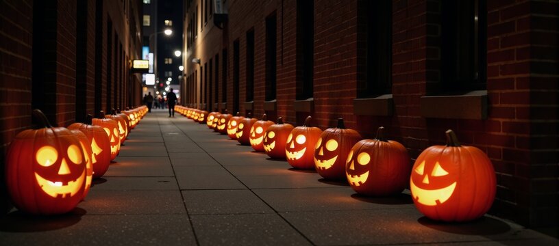 Wall Street alley transformed into an illuminated financial Halloween scene featuring jack-o-lanterns decorated with currency symbols