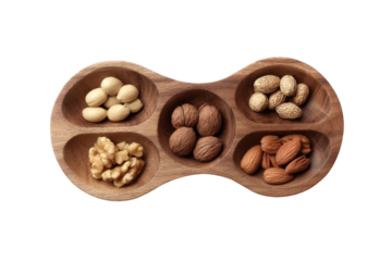 Wooden platter with assorted nuts.  Five sections hold various nuts  light-colored,  possibly macadamia or  similar;  walnuts;  almonds; and possibly  brazils or other dark-colored nuts