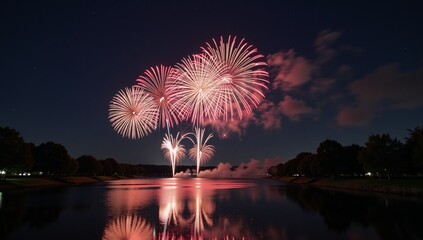 Nighttime fireworks display illuminating a tranquil river scene