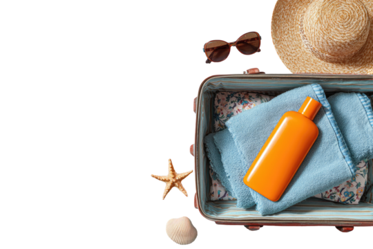 Open suitcase with summer vacation essentials