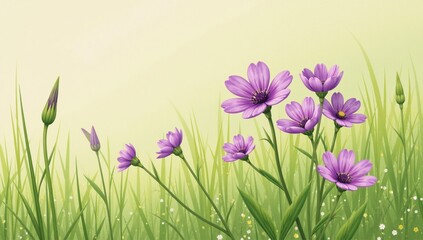 Watercolor illustration portrays vibrant purple wildflowers growing amidst lush grass