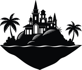Obraz premium Vector art of black silhouette of a fantasy castle on a tropical island with palm trees and ocean waves, representing a dream destination or a secluded paradise
