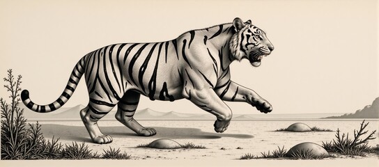 Ok tiger is sketched in intricate detail using scratchboard technique for a black-and-white woodcut engraving effect