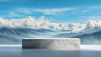 A rectangular marble platform rests on a polished surface,  before a breathtaking vista of misty mountains under a bright, partly cloudy sky