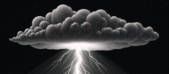 A black-and-white illustration portraying a thunder cloud with an underneath lightning strike evoking the texture of scratchboard art
