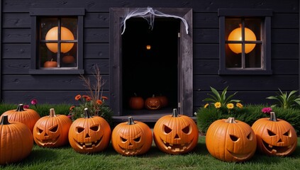 A spooky scene showcases Halloween pumpkins and a haunted house for an upcoming costume contest