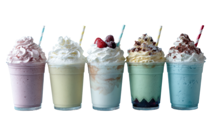 Row of colorful, frosty drinks topped with whipped cream and garnishes