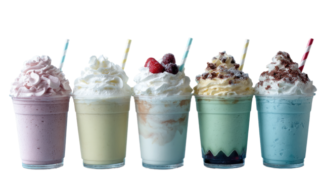 Row of colorful, frosty drinks topped with whipped cream and garnishes