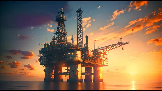 Offshore petroleum platform oil rig and gas at sea. Illustration of oil platform on sea and sunset in background