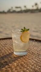 A refreshing cocktail with lemon and mint sits on a beach table.