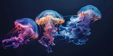Colorful jellyfish swimming gracefully in deep sea darkness
