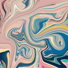 Vibrant abstract swirl with dominant blue and pink hues blended with yellow and beige. A colorful, energetic composition for modern digital art and design.