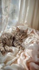 A tabby cat naps peacefully on soft, white bedding near a sunlit window.
