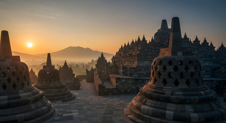 Sunrise at Borobudur Temple: Ancient Stupas and Misty Mountain Landscape Scenery