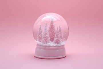 A pastel pink snow globe on a pink background, featuring miniature pink snow-covered trees inside