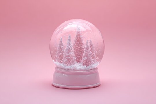 A pastel pink snow globe on a pink background, featuring miniature pink snow-covered trees inside