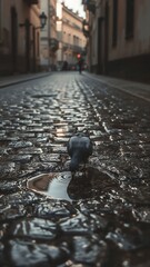 A pigeon pecks at a puddle on a cobblestone street in an old European city.