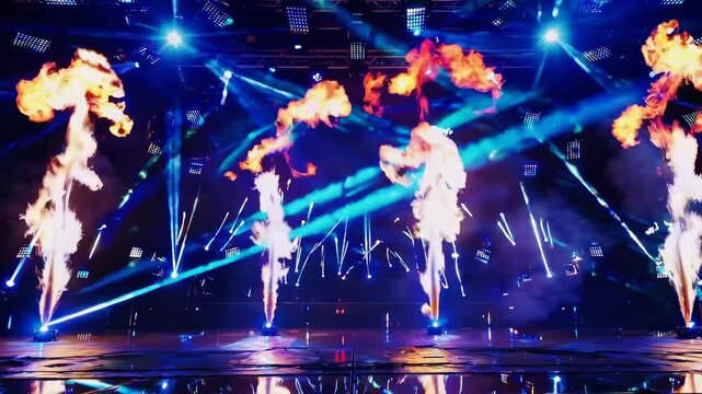 Loopable EDM concert stage with synchronized vertical fire jets and blue strobe lights, dark background, high-energy night scene for event visuals and music video overlays - Powered by Adobe
