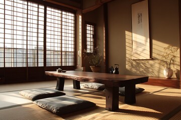 Calm Japanese-style space with warm wood and soft light  
