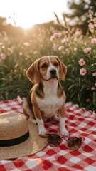 Beagle dog sits calmly on a red checkered picnic blanket in a sun-drenched field of flowers, a straw hat and sunglasses nearby.
