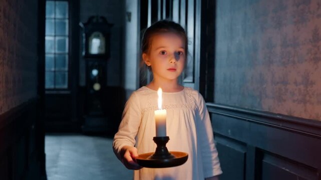 Dimly lit Victorian mansion, a young girl tiptoes down a long eerie hallway, clutching a flickering candle as she glances around nervously, her heart pounding in the silence.