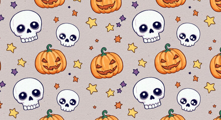 Naklejka premium Halloween pattern background with pumpkins skulls and stars for festive fall season decor