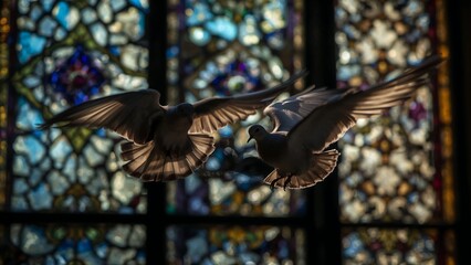 Two doves in flight against a backdrop of stained glass windows.