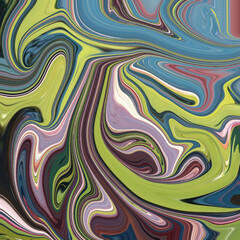 Vibrant abstract swirl artwork with fluid green, pink, blue, and black tones, blending motion and chaos in a digital marbled texture. Abstract, Swirl, Colorful, Marbled, Fluid.