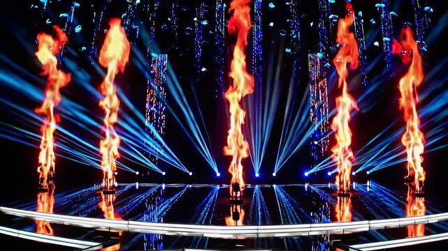 Loopable stage performance background with vertical fire bursts and radial blue lights on glossy black floor, ideal for concert visuals, music show intros, and entertainment overlays - Powered by Adobe