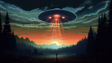 UFO flying in the night sky. Flying Saucer. UFO Concept. Extraterrestrial life concept. SCI FI Concept. Alien. Illustration of an alien spaceship. Science Fiction Concept with Copy Space.