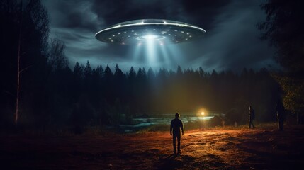 UFO flying in the night sky. Flying Saucer. UFO Concept. Extraterrestrial life concept. SCI FI Concept. Alien. Illustration of an alien spaceship. Science Fiction Concept with Copy Space.