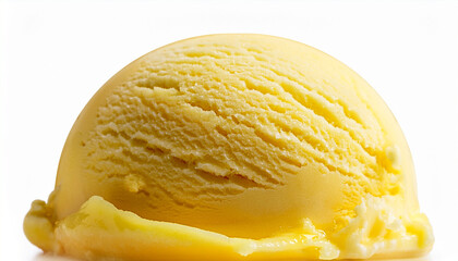 Close-up of a single scoop of yellow ice cream melting slightly, isolated on a white background. Smooth and creamy texture perfect for dessert, summer, and food-themed visuals.
