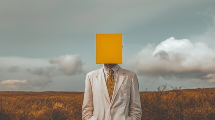 Person with a yellow box for a head stands in a surreal natural setting
