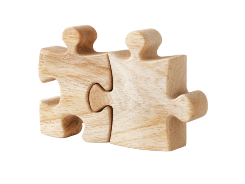 Two light-brown wooden jigsaw puzzle pieces joined