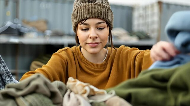 Caring Act of Donation: A woman in a knit hat is compassionately sorting through clothing items, signifying the essence of kindness, charity, and generosity.