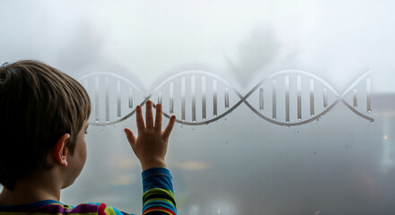 Child Touching a DNA Strand on a Foggy Window, Science and Genetics Concept