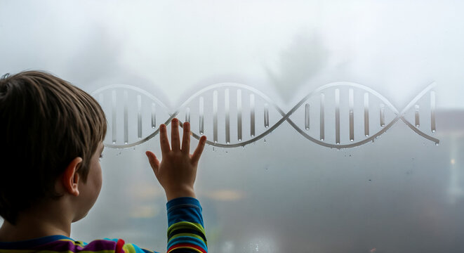 Child Touching a DNA Strand on a Foggy Window, Science and Genetics Concept