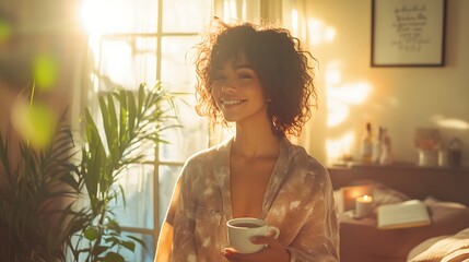 Woman smiling warmly with morning coffee, sunlit bedroom
. Happy woman holding cup of coffee. Cozy room, indoor plants, sunlight. Morning routine of self-love, comfort, serenity and mindful living