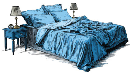 Modern Vector Bed with Blue Blanket and Bedside Table Illustration