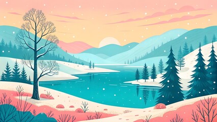 Pastel winter landscape with snowcovered mountains and a frozen lake