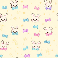Cute pattern with bunnies and bows scattered among stars creates a whimsical and charming design.