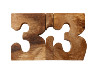 Wooden puzzle number 33.  Two interlocking light brown blocks form the number